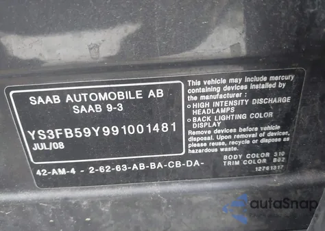 2009 Saab 9-3 2.0T из США, поврежденный, VIN YS3FB59Y991001481